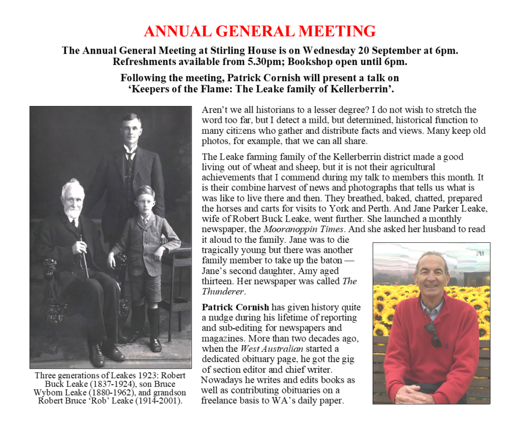 AGM Lecture: Keepers of the Flame: The Leake Family of Kelleberrin
